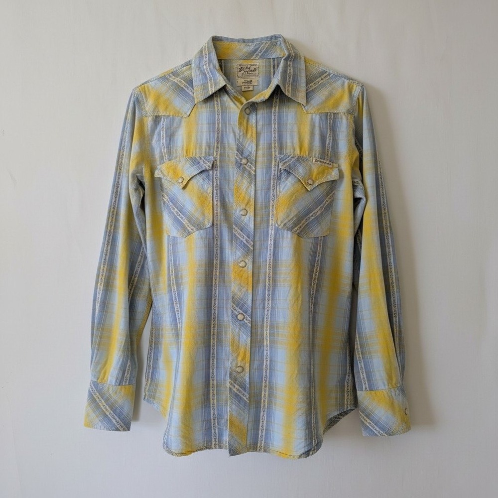 Vintage Lucky Brand Mens Yellow Blue Plaid Western Pearl Snap Shirt Size Small